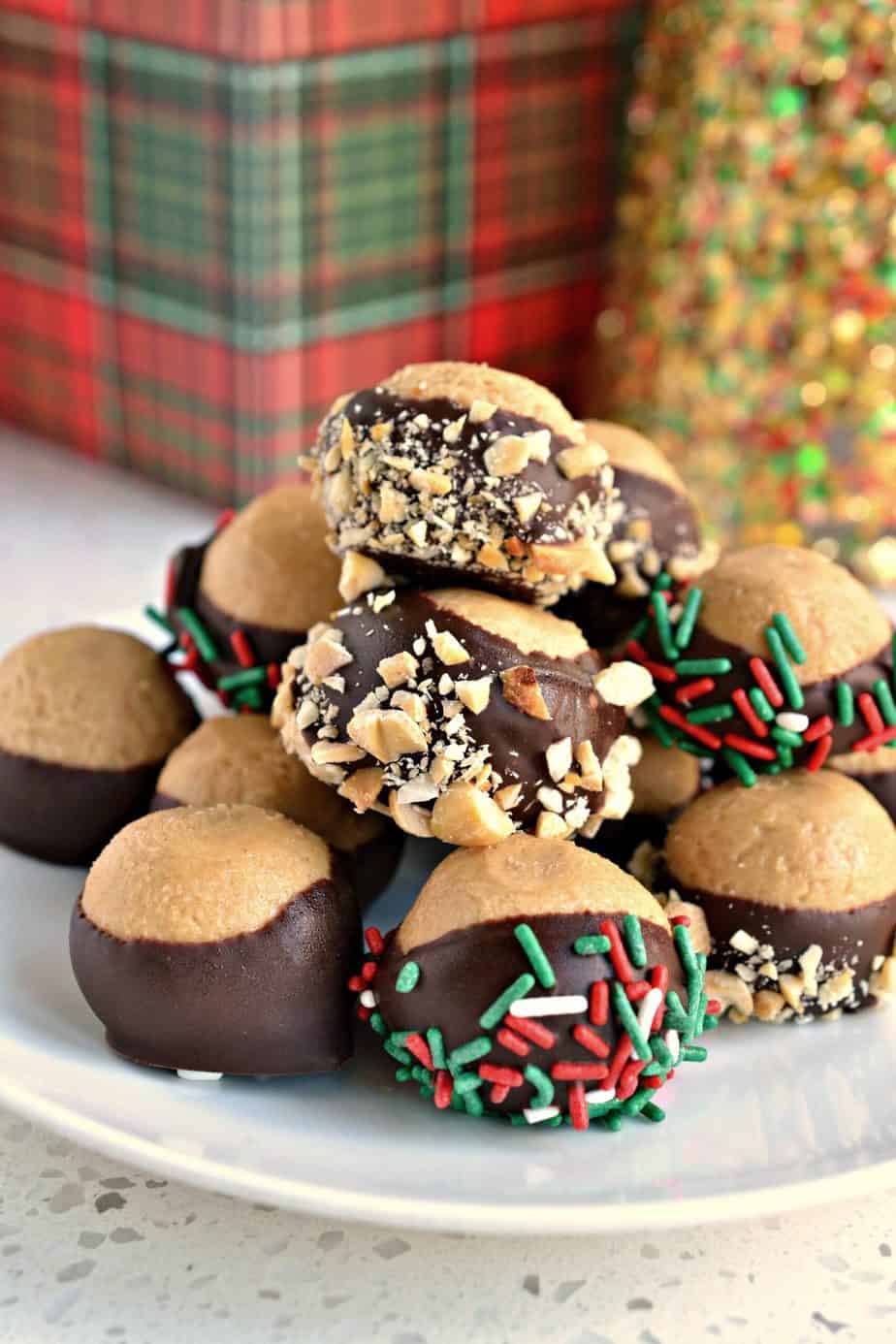 Delectable and fun creamy buttery peanut butter balls dipped in semisweet chocolate and easily decorated for any occasion.