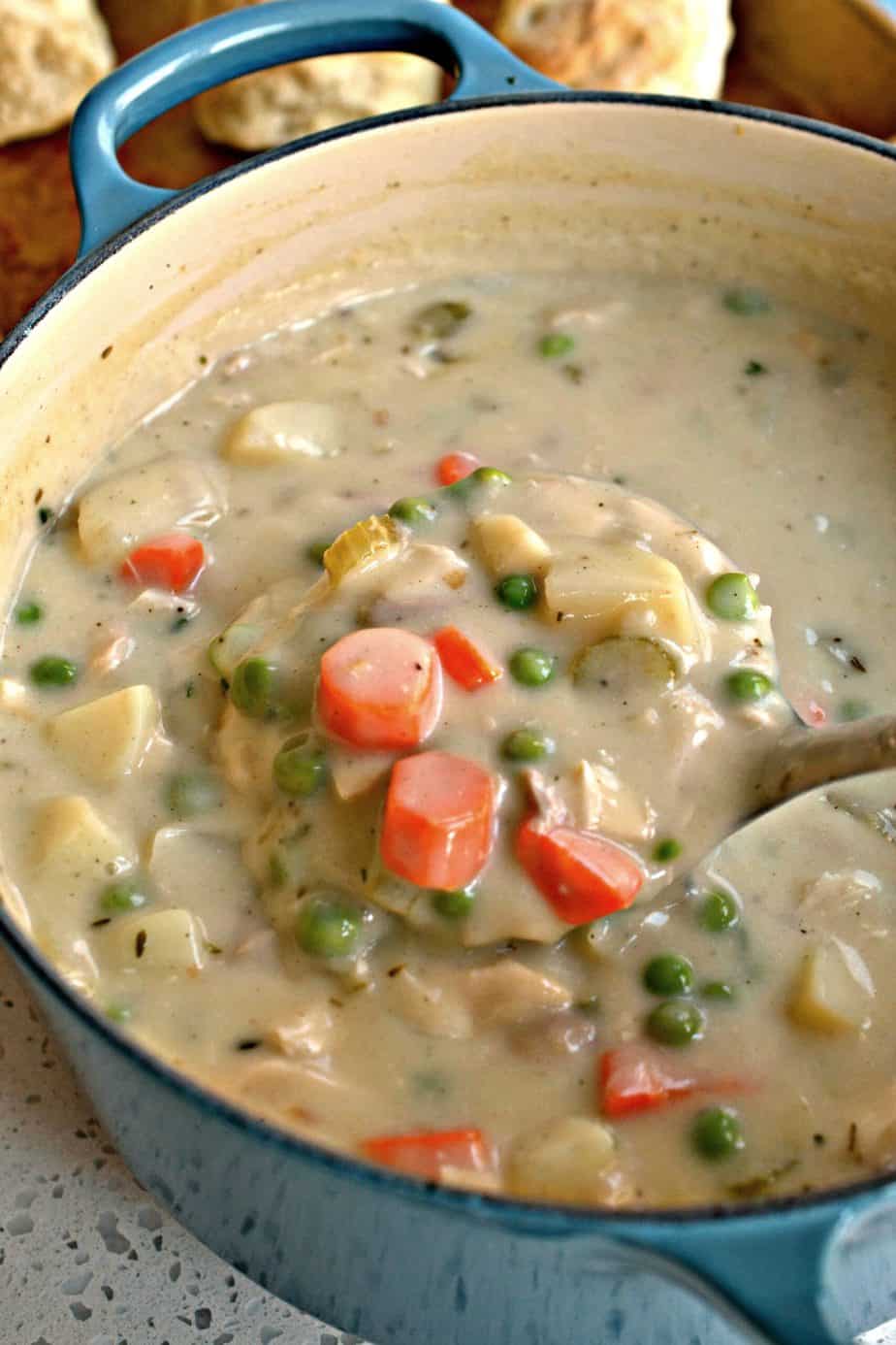 This Chicken Pot Pie Soup is the ultimate comfort meal with fresh vegetables, gold potatoes and tender rotisserie chicken.