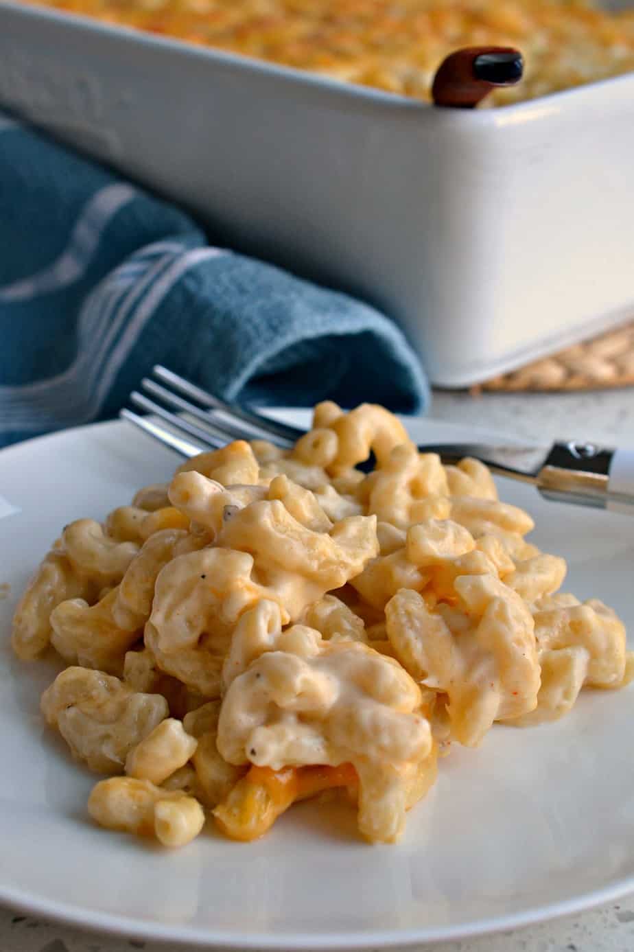 Baked Macaroni and cheese made with a winning three cheese combination of sharp cheddar, white cheddar and Gruyere cheese. 