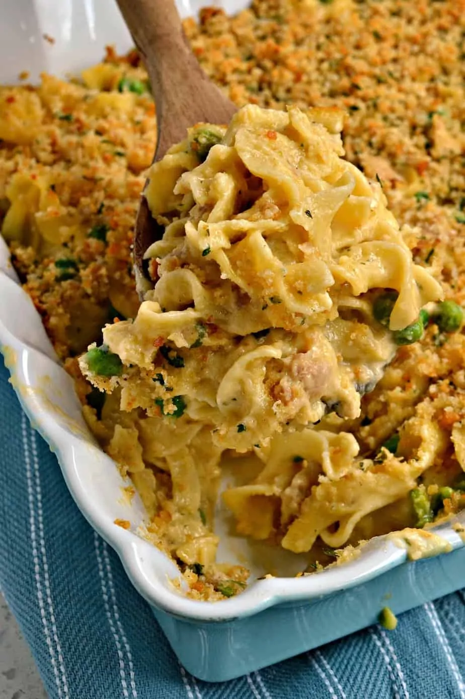 Classic Tuna Noodle Casserole has an easy to make luscious cheesy cream sauce and a simple to make breadcrumb topping. 