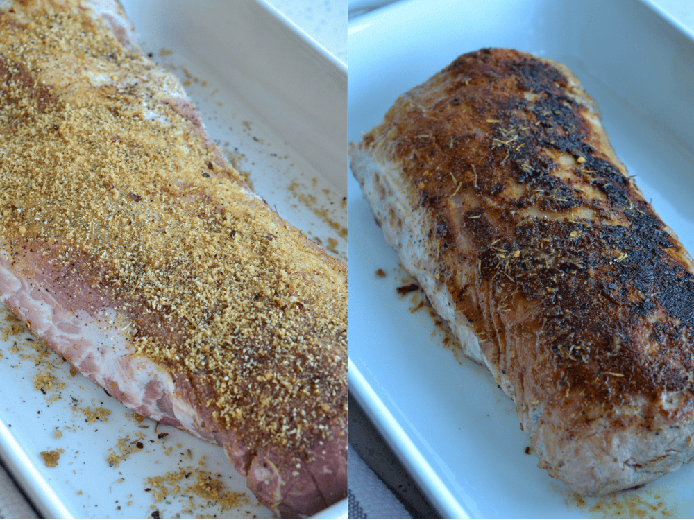 Combine all spices and rub them into the loin, let it sit for 1-2 hours in the fridge. Sear it over medium heat in a Dutch oven or large skillet until golden brown on both sides.