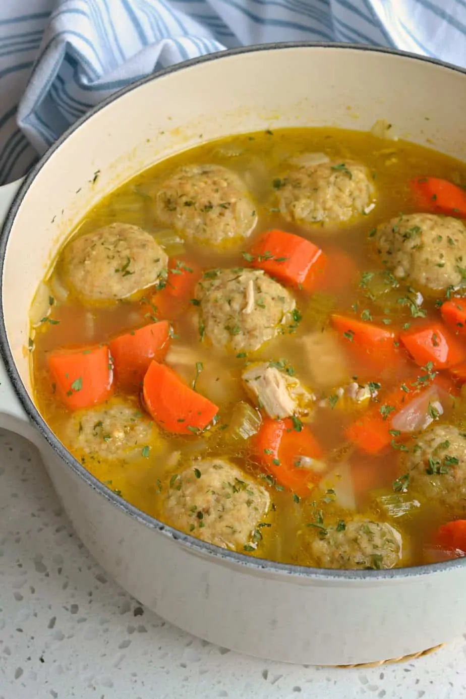 Matzo Ball Soup brings chicken, carrots, celery and onions together in a seasoned chicken broth with fluffy matzo balls.