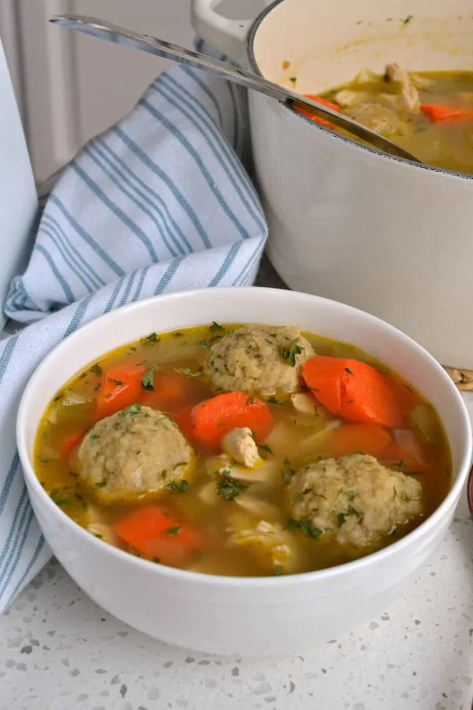 With the ease of roasted rotisserie chicken and good quality store bought chicken broth this Matzo Ball Soup is a cinch. 