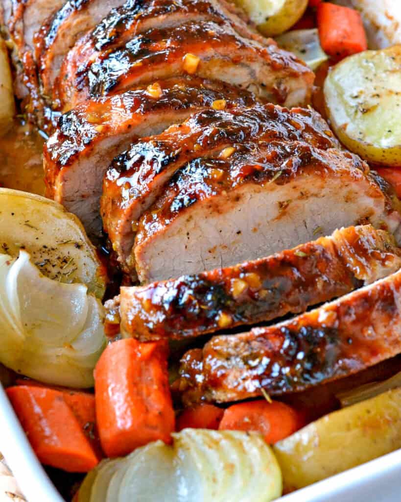 A flavorful Pork Loin Roast glazed with a delicious honey mustard garlic sauce.