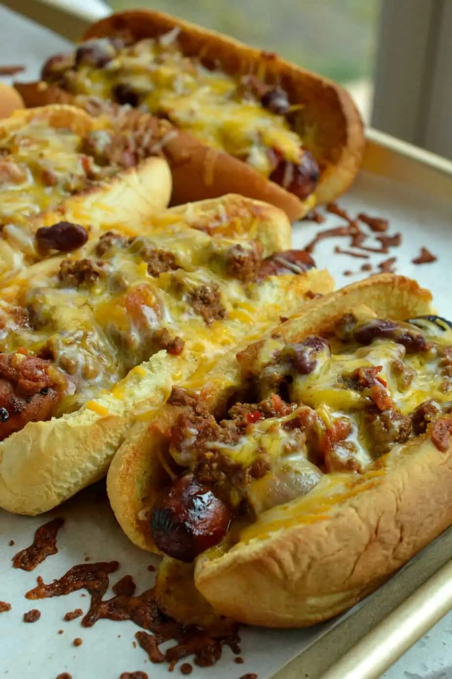 I love to make a big batch of chili and freeze half of it for these Chili Cheese dogs for the following week.