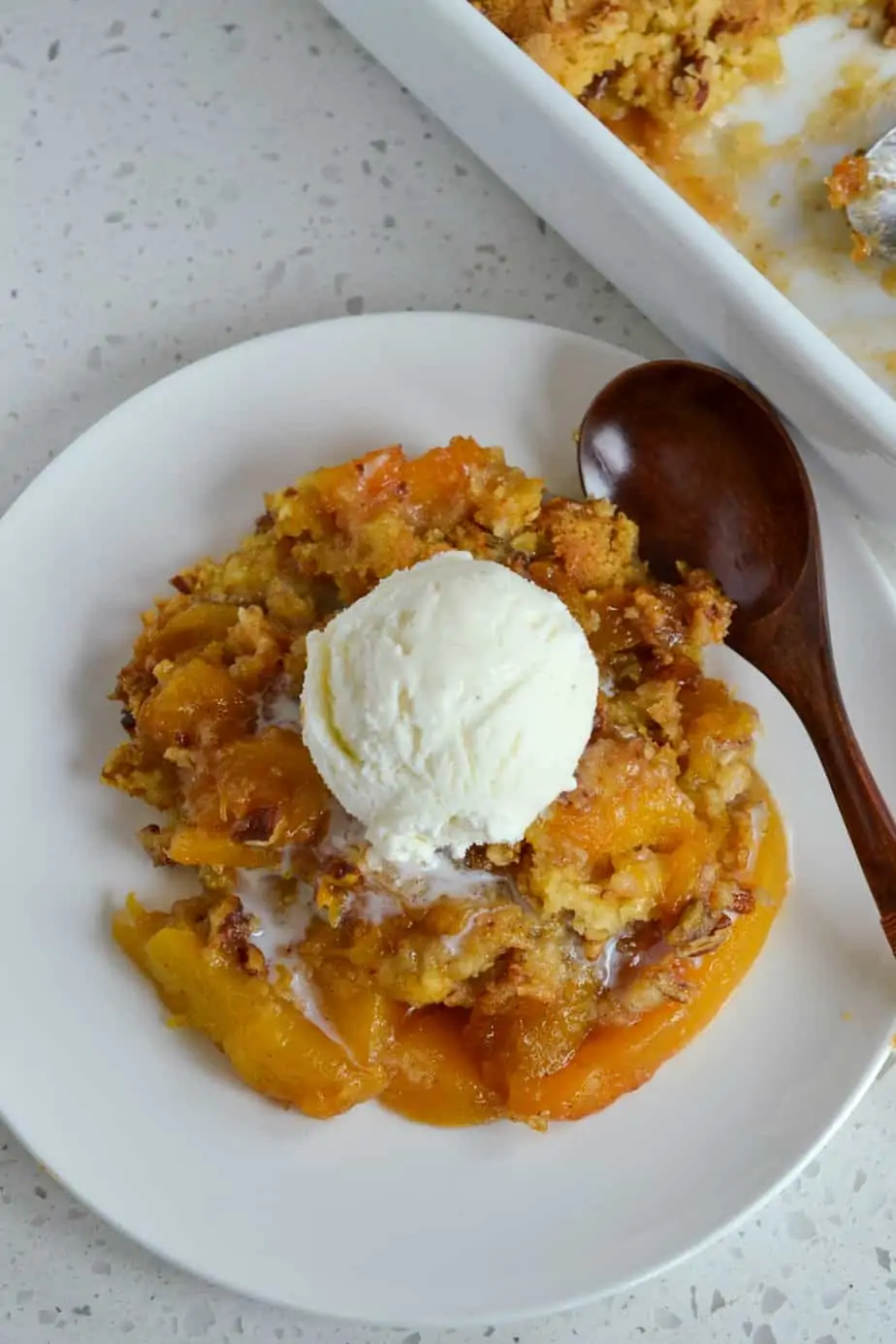 With a little planning this delectable peach dump cake can be prepped  and in the oven about fifteen minutes. 