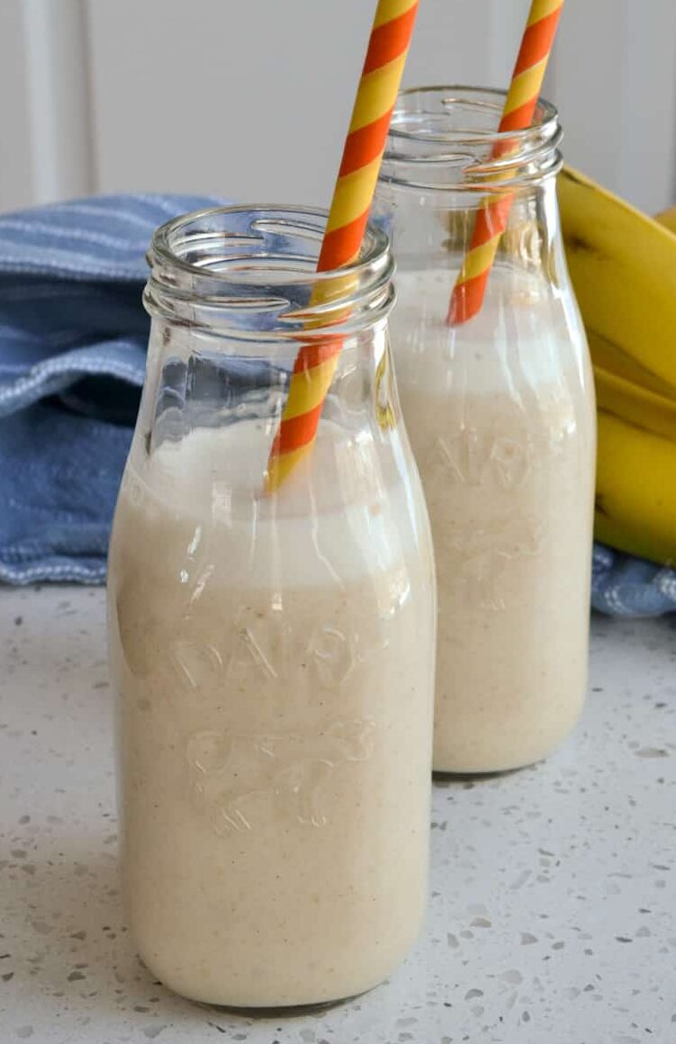 Milk and fresh bananas are combined for refreshing treat. 