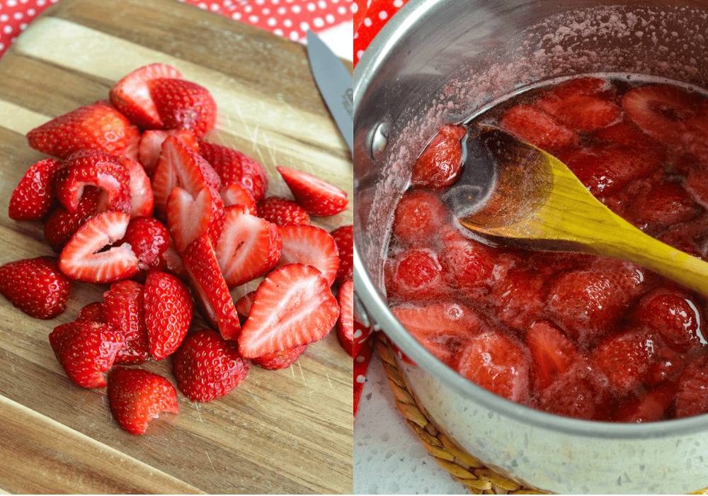 In a medium saucepan, add water, sugar, and strawberries over medium heat. Simmer for 10-12 minutes.