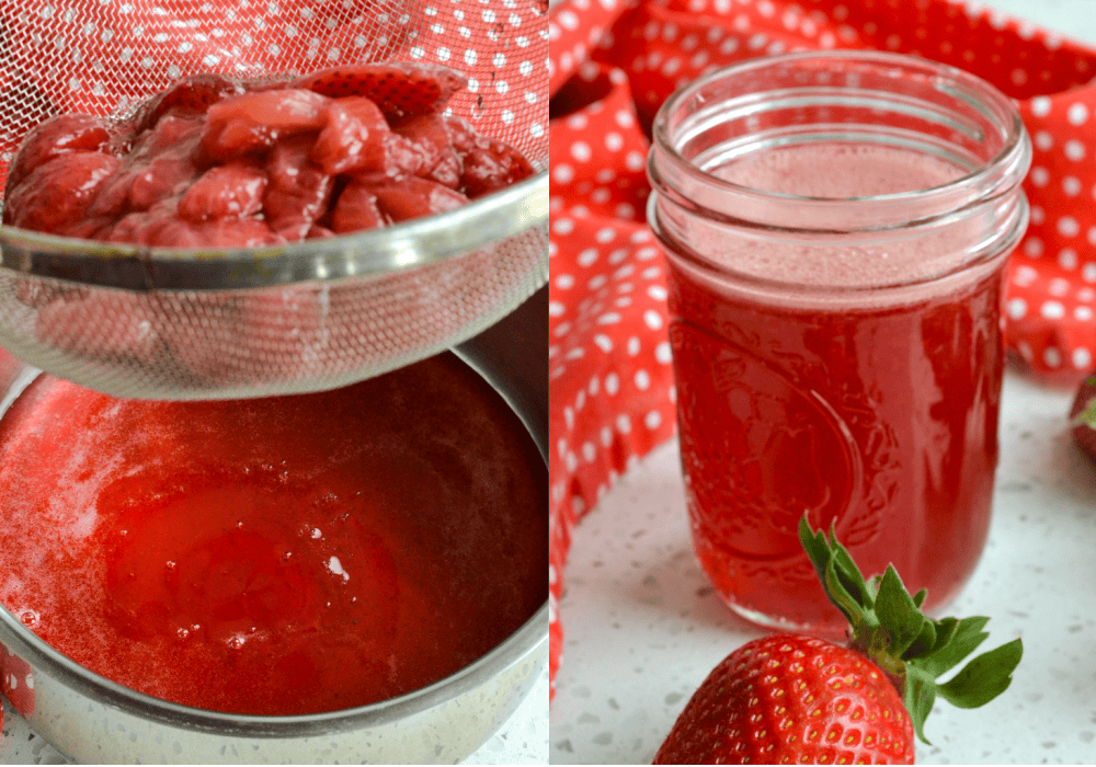 Strain the mixture through a strainer, gently pressing the strawberries against the mesh to extract as much of the juice. Let it chill down for a bit, then pour a couple of tablespoons into a well-chilled glass of milk and stir to combine.