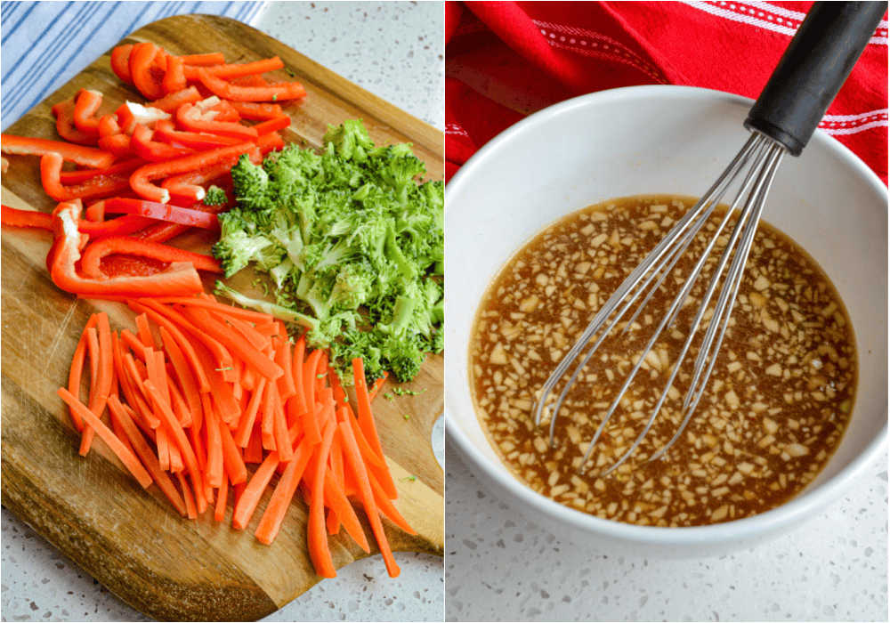 Some of the steps to making Ramen Stir Fry. Prep the vegetables and whisk the sauce ingredients. 
