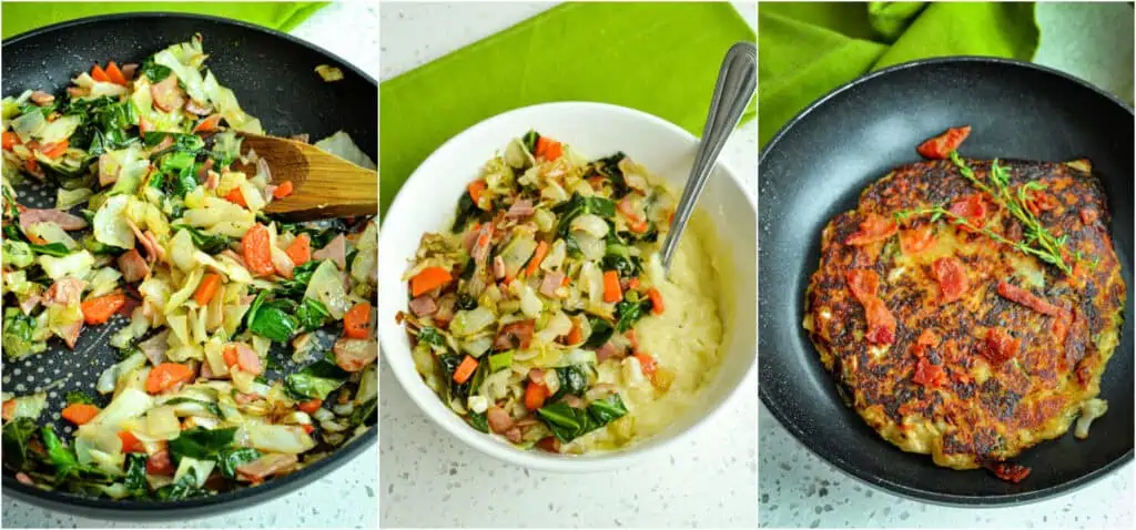 Some of the steps to making bubble and squeak.  If you don't have any leftover cooked veggies and meat in the fridge, then cut some up and cook in a skillet with a little oil. Then combine the cooked ingredients with the mashed potatoes in a large bowl.  Now form the mixture into patties and fry them up in a hot skillet with a little oil. 