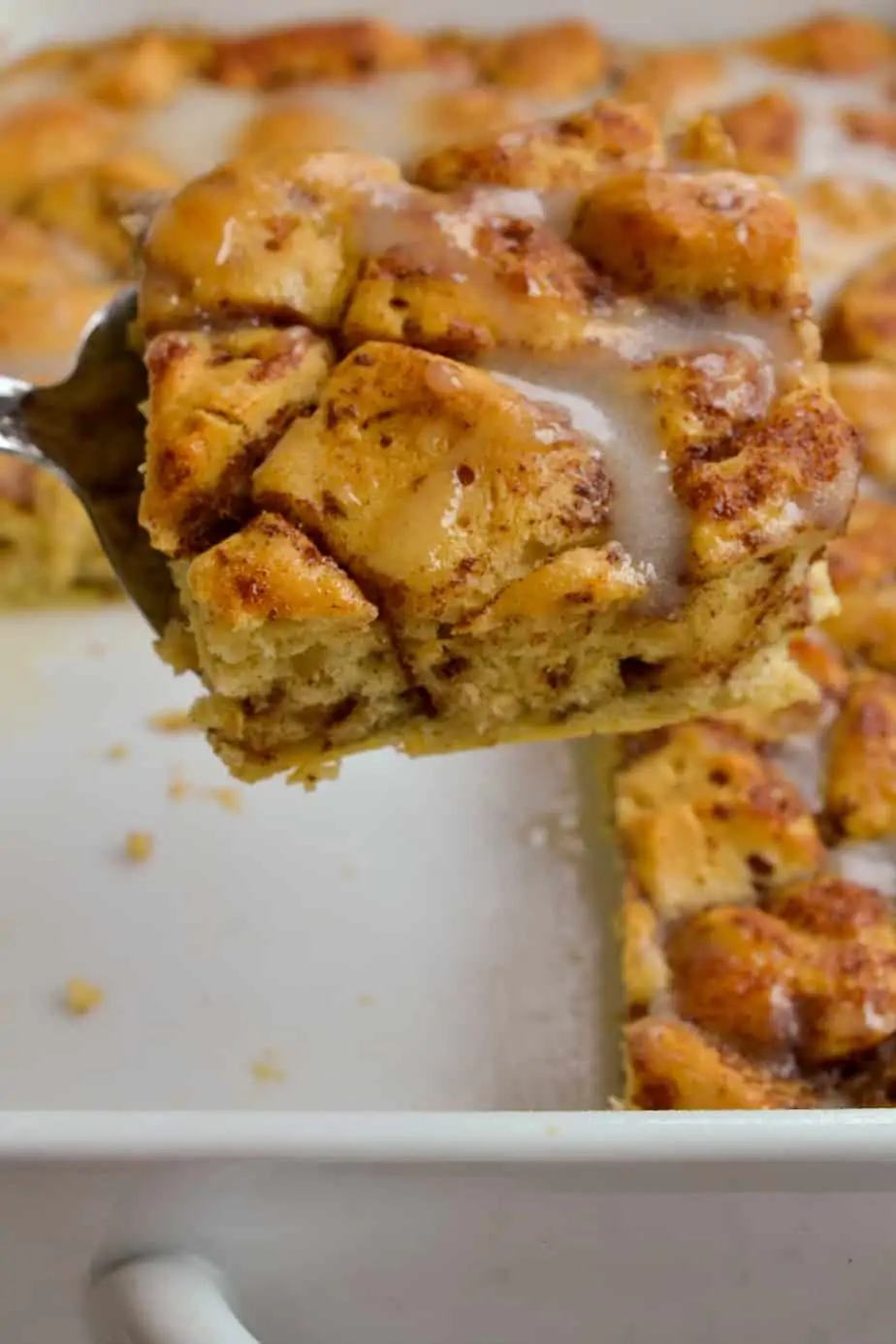 Warm and delicious cinnamon roll bake fresh from the oven. 