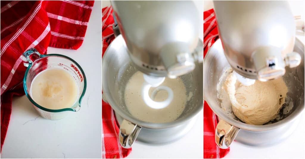 Some of the steps to making garlic knots. Warm the water in the microwave until it reaches 110 degrees. Use a digital food thermometer to read the temperature as you warm it. Gently whisk the water, sugar, and yeast. Cover the measuring cup or bowl with plastic wrap and let the yeast bloom for 7-10 minutes.
Add the bloomed yeast and 1 cup of flour to the stand mixer bowl. Attach the dough hook and turn the mixer on low. Beat for about 1 minute, scraping down the sides of the bowl. Add the remaining flour and beat on medium for about 2 minutes or until the dough starts to pull away from the sides. If the dough is too wet, add a teaspoon of flour at a time.
