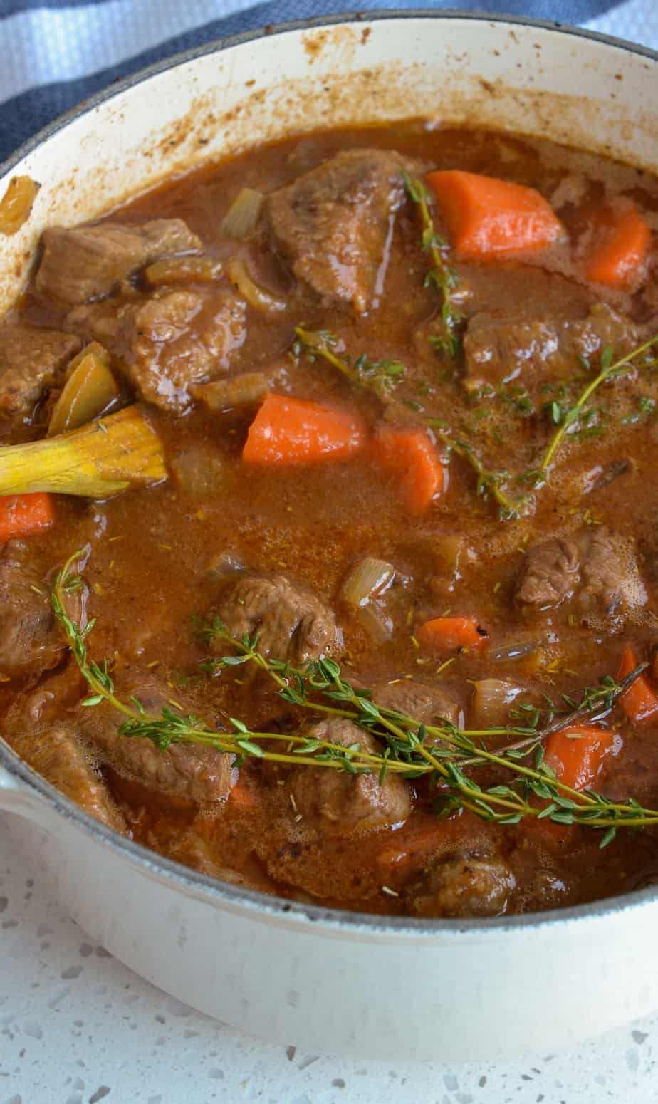 A delectable stew with a rich flavorful brown gravy made with stout beer. 