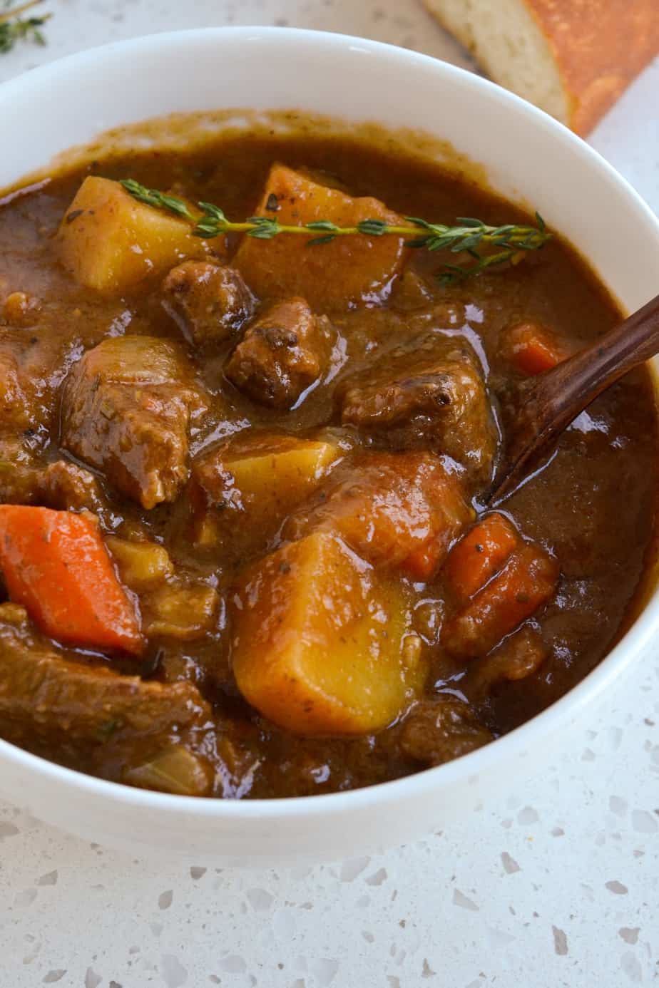 Tender pierces of stew, onions, carrots and potatoes in a flavorful rich gravy. 