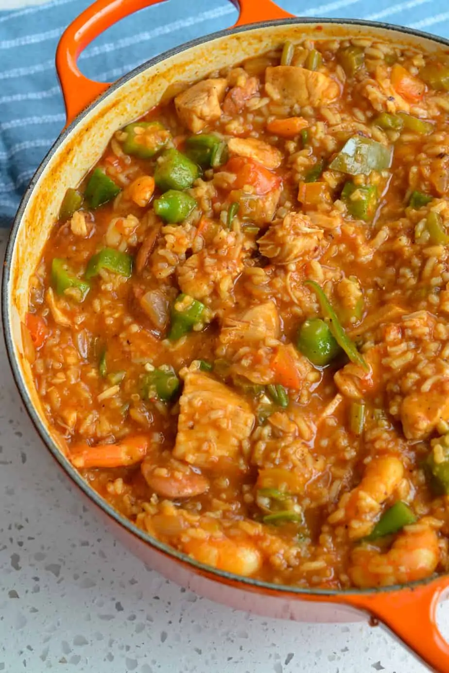 A one pot mixture of meats, vegetables, rice, tomatoes and creole seasoning. 