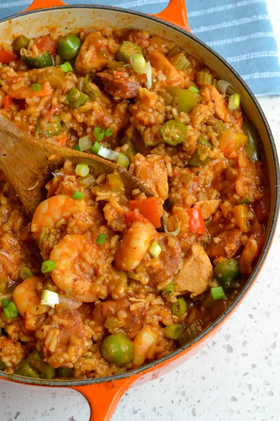 A one pot mixture of shrimp, andouille sausage, chicken, and rice all simmered together with cajun seasonings.