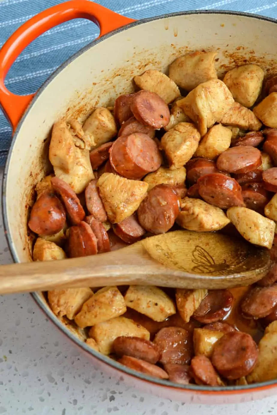 Andouille sausage and chicken are browned for the first step of this recipe. 