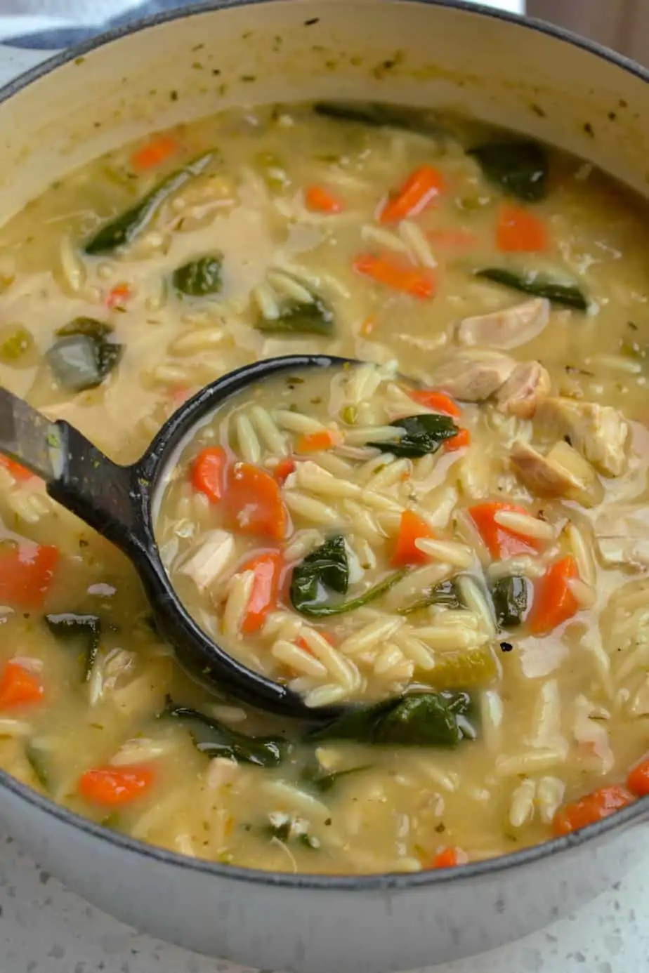 Creamy soup with chicken and orzo