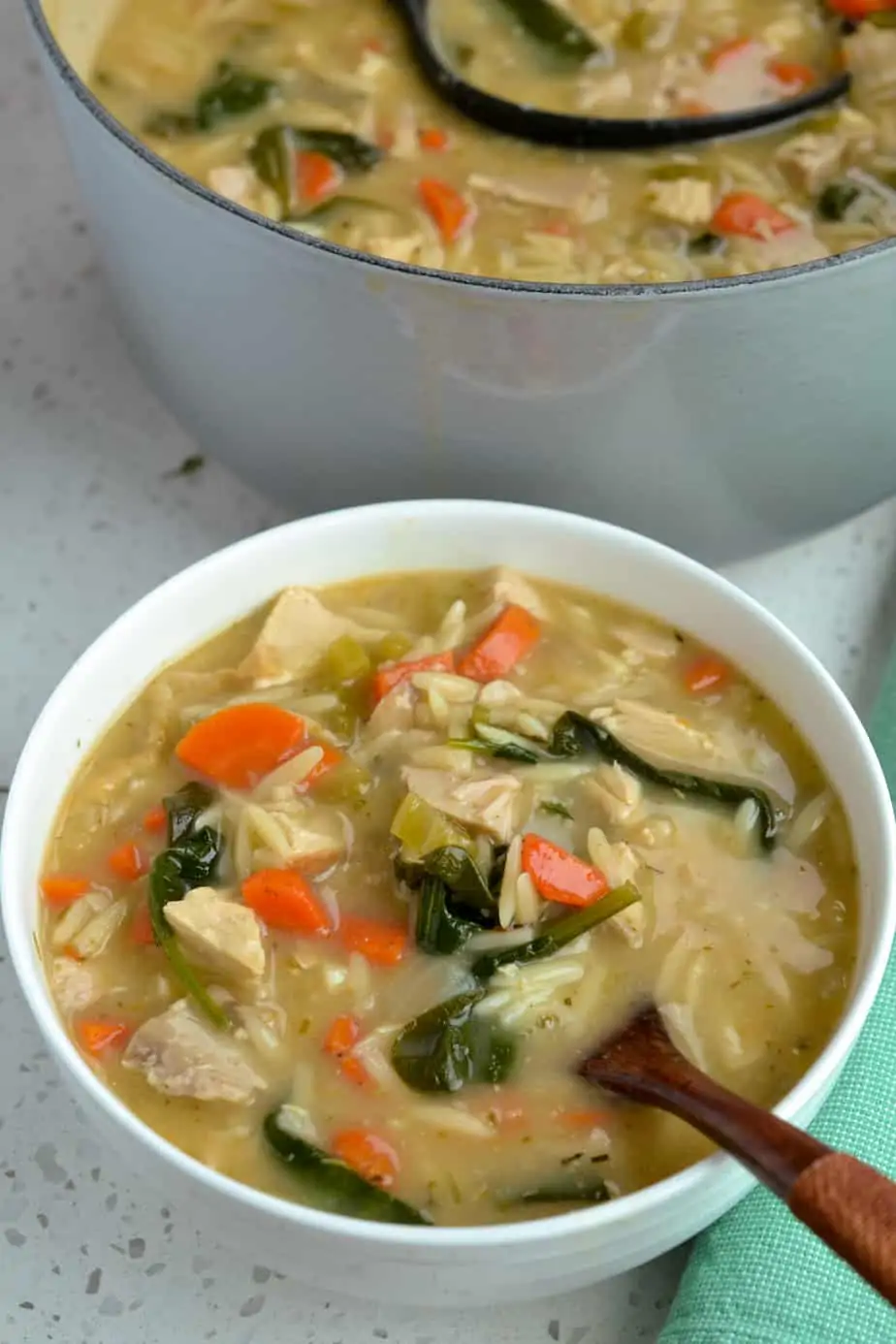 Delectable creamy chicken soup with orzo and spinach