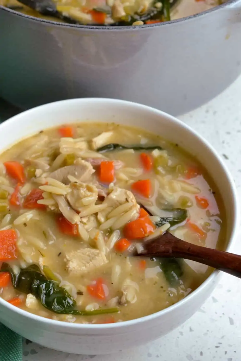 Chicken vegetable soup with orzo, spinach and lemon juice. 