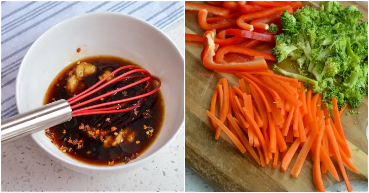 A stir fry noodle recipe with fresh vegetables and a spicy sweet sauce. 