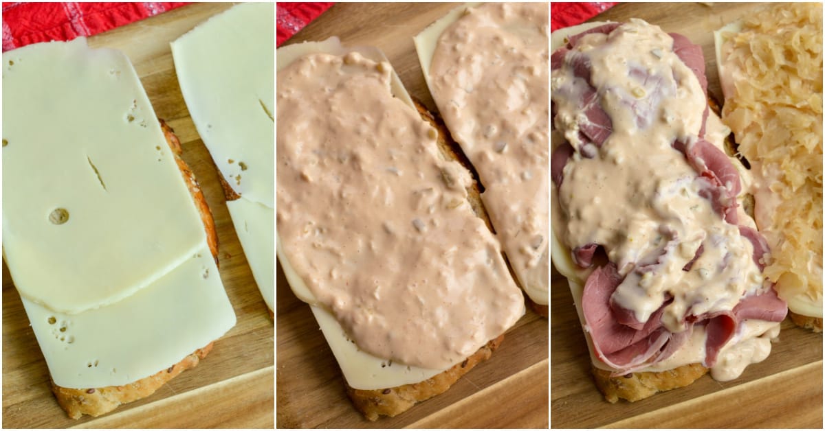 Layered Swiss cheese, thousand island dressing, corned beef, and sauerkraut. 