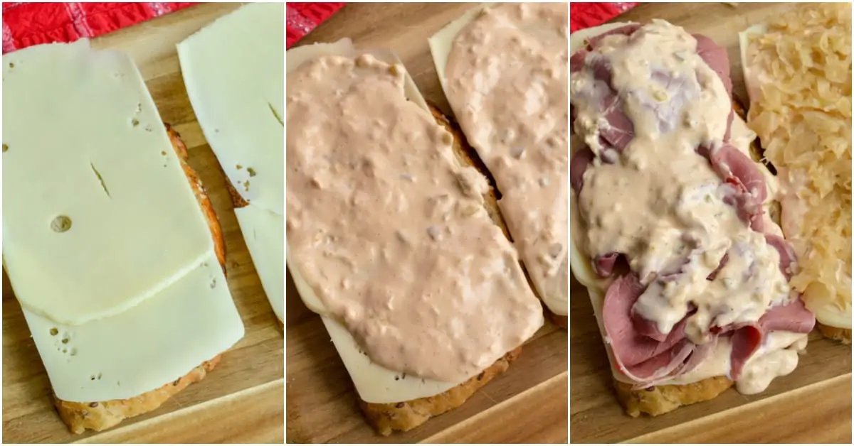 Layered Swiss cheese, thousand island dressing, corned beef, and sauerkraut. 