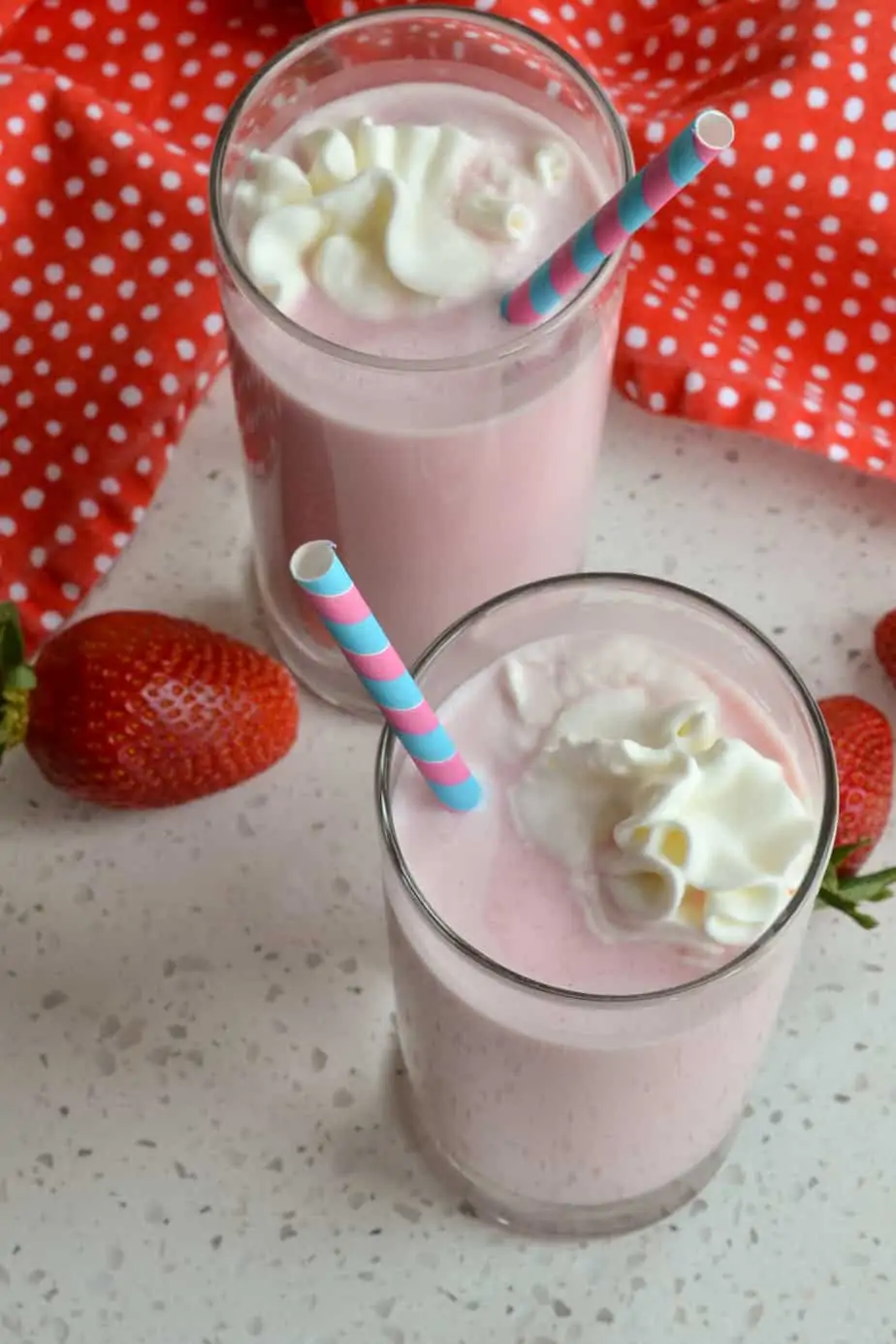Ice cold milk is combined with homemade strawberry syrup for a real taste treat. 