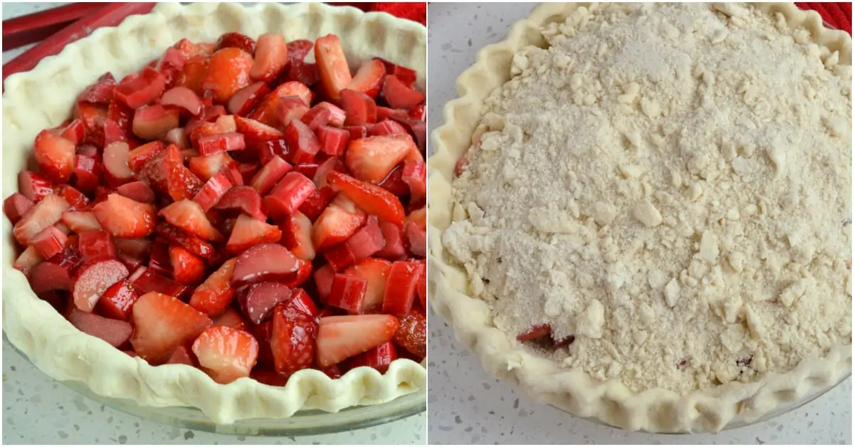 Fresh strawberry rhubarb pie with an easy four ingredient streusel topping. 