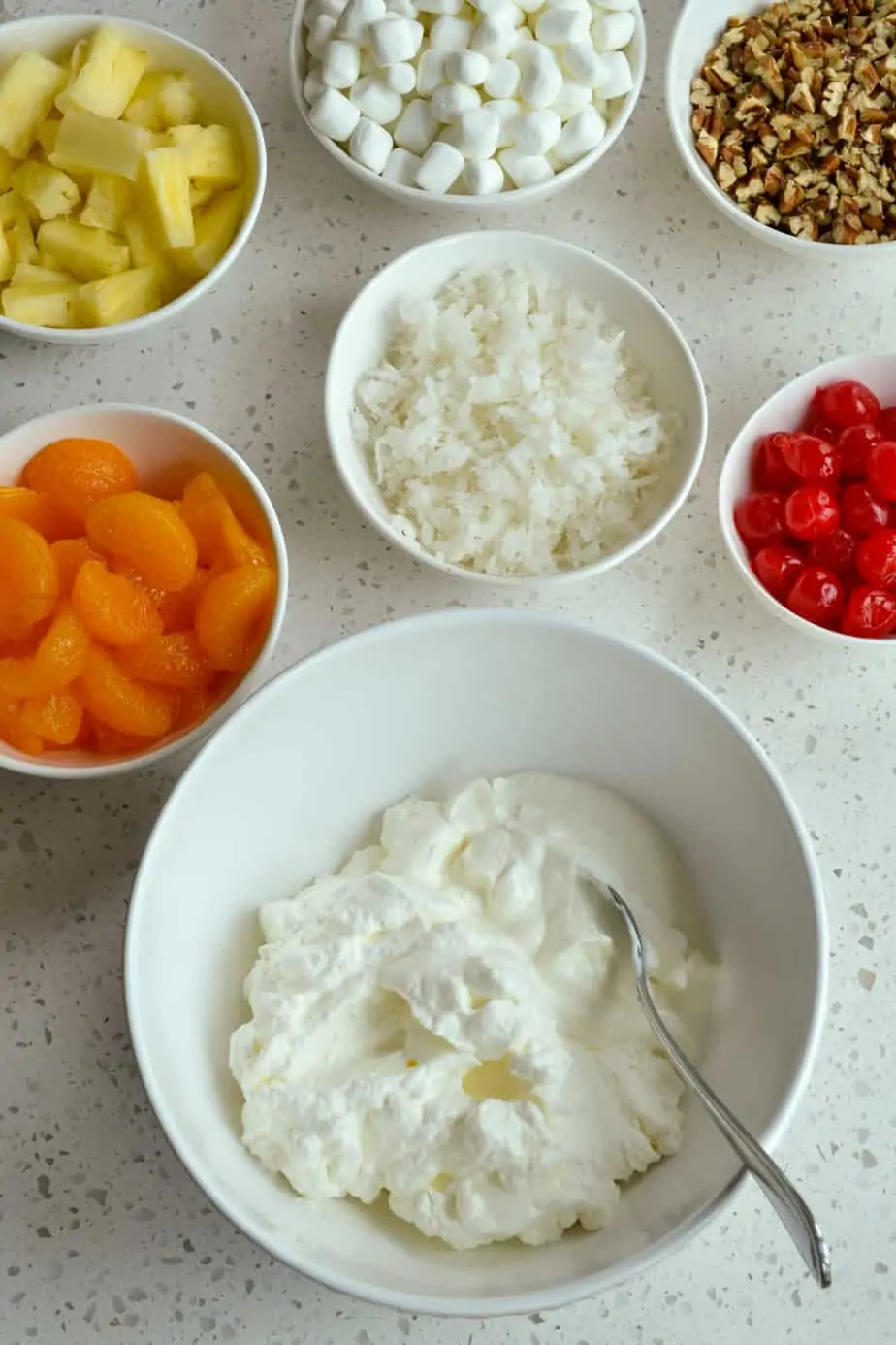 A display of everything you need to make ambrosia salad. 