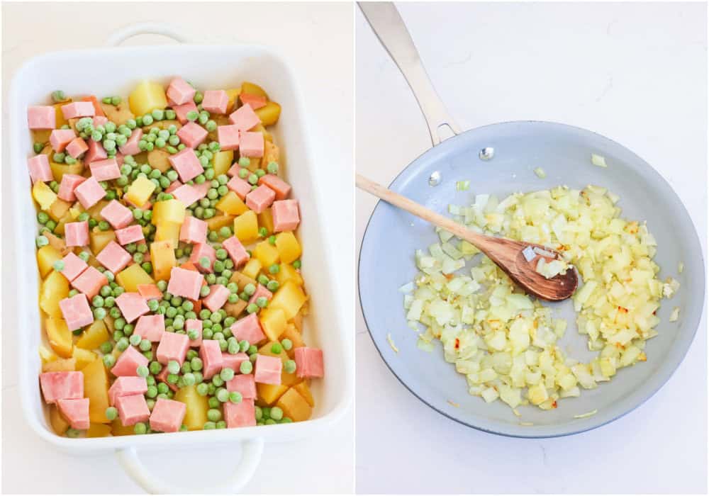 Some of the steps to making cheesy ham and potato casserole. Cube the potatoes and ham. Mix them in a large baking dish along with the frozen peas. Melt the butter in a large skillet or medium saucepan over medium heat and add the onions. Cook until the onions soften. Reduce the heat to low, add the garlic, and cook for a minute.