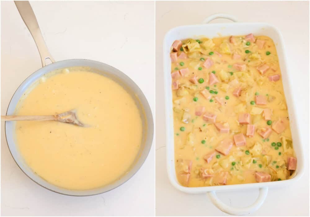 Some of the steps to making cheesy ham and potato casserole. Sprinkle in the flour and continue cooking for a few minutes, stirring constantly. Slowly add the chicken broth and milk, whisking until it is smooth and slightly thickened.
Reduce the heat to low and slowly add the shredded cheddar cheese and grated Parmesan, whisking until melted and smooth. Stir in the salt and pepper and pour the sauce over the ham and potatoes, stirring to coat.
