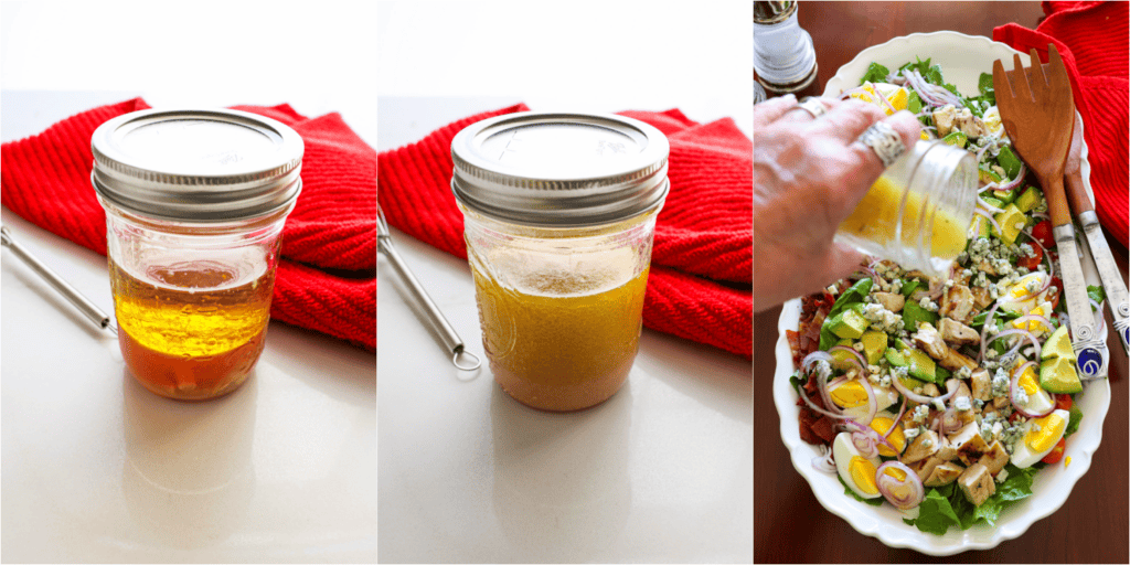 Some of the steps for making cobb salad dressing. A mason jar full of cobb salad ingredients. Shake to combine. Drizzle the dressing over the prepared salad.