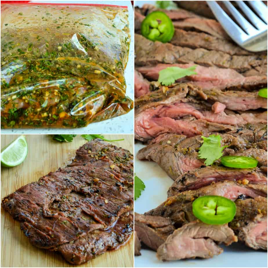 Carne asada is marinated for at least four hours before being grilled.