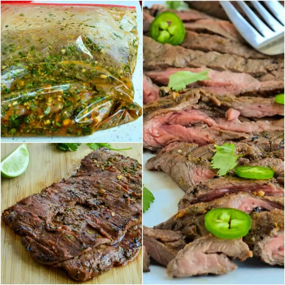 Carne asada is marinated for at least four hours before being grilled. 