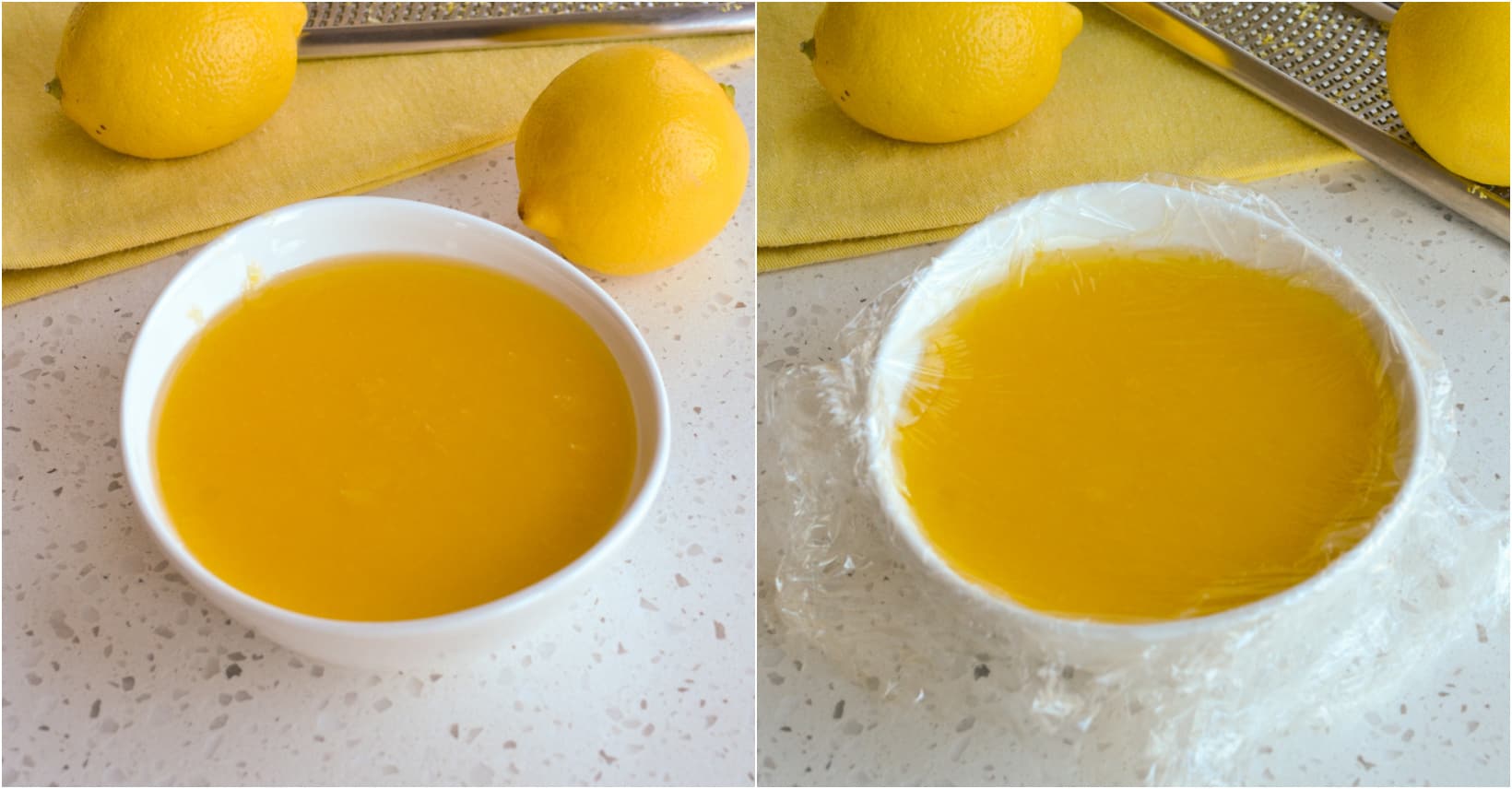 A bowl of lemon curd covered with plastic wrap