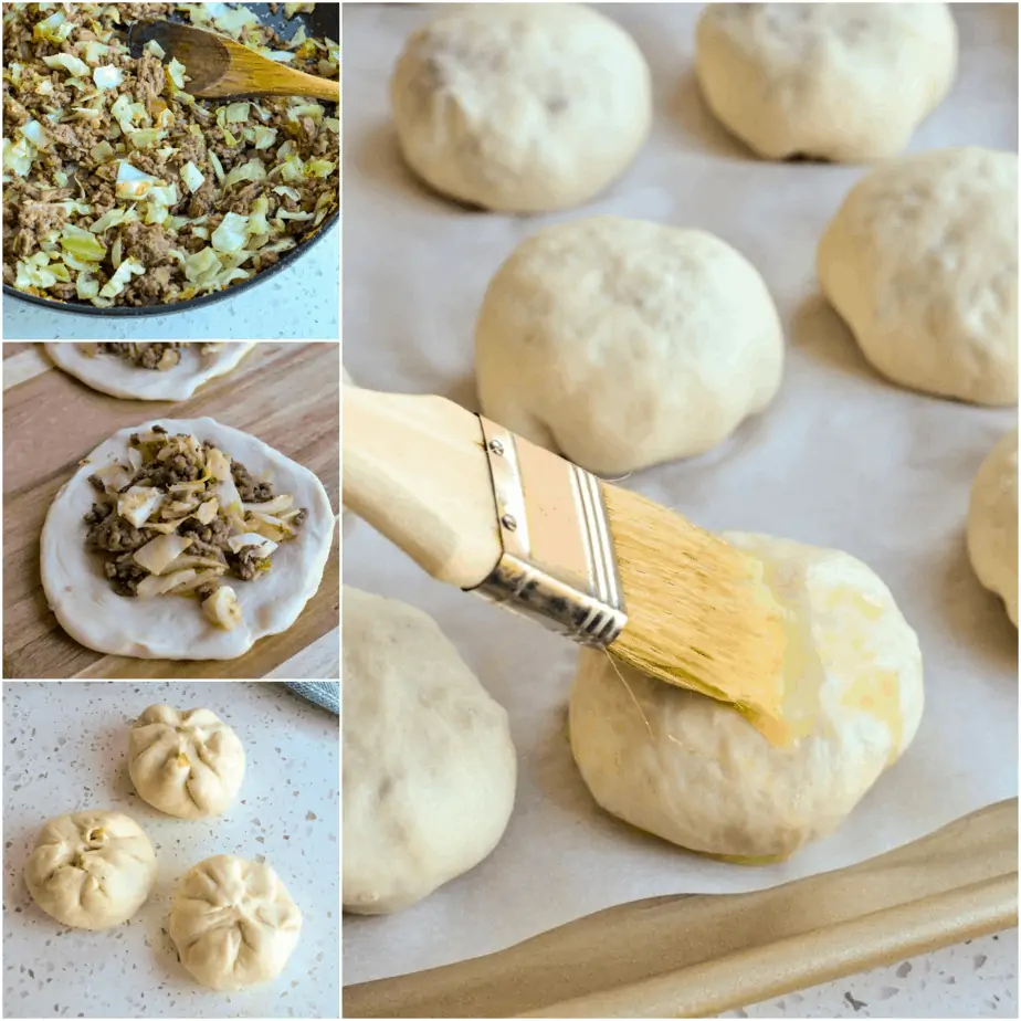 There are several steps to making runzas. 