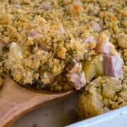Ham and potato casserole with a buttery cracker crumb topping