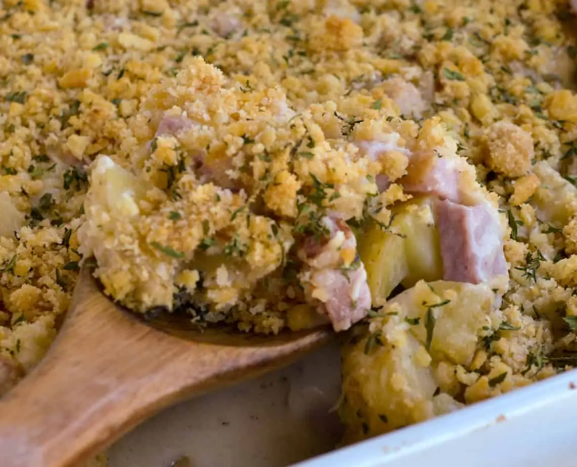 Ham and potato casserole with a buttery cracker crumb topping