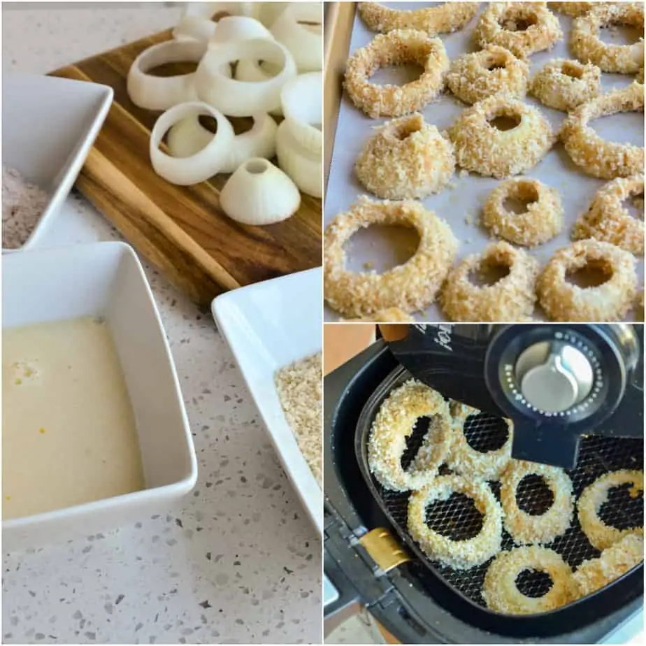 Breading air fryer onion rings is a three step process
