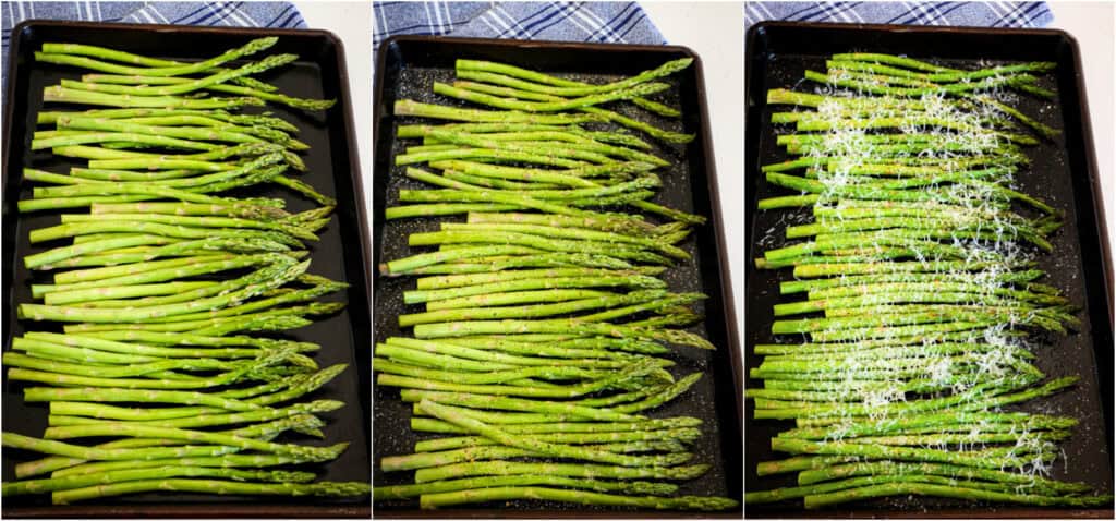 Some of the steps for making air fryer asparagus. Start by brushing the asparagus with vegetable oil and sprinkling with the lemon pepper and salt.  Then load it into the oven on the air fry setting or into an air fryer.  Cook at 400 degrees for 4-5 minutes. Carefully remove the asparagus and sprinkle with Parmesan. Cook for another 2 minutes or until the Parmesan is melted. For best results, serve promptly. 
