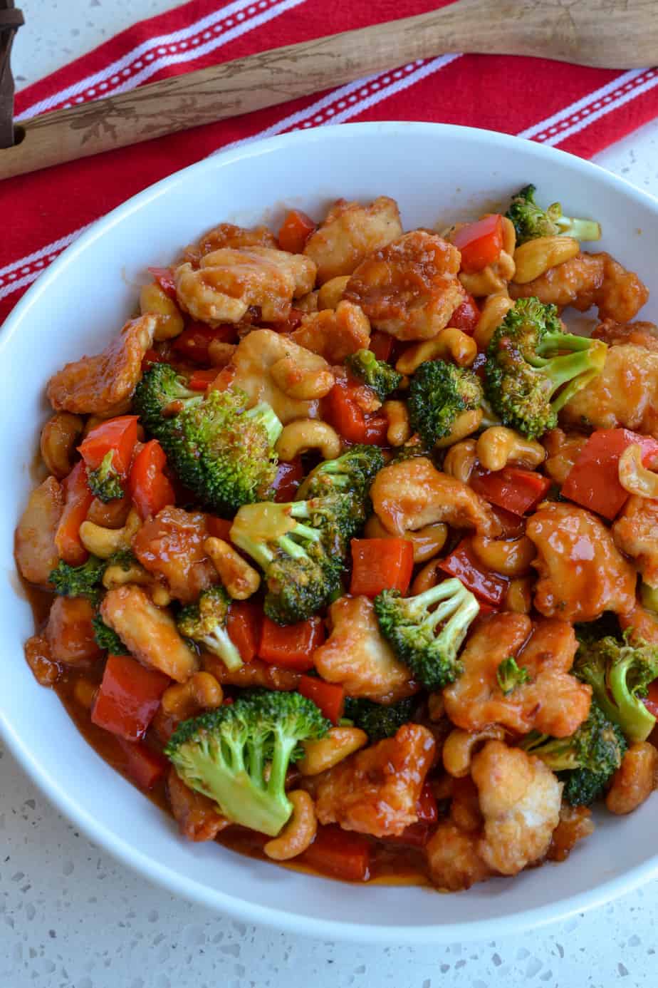 A bowl full of cashew chicken 