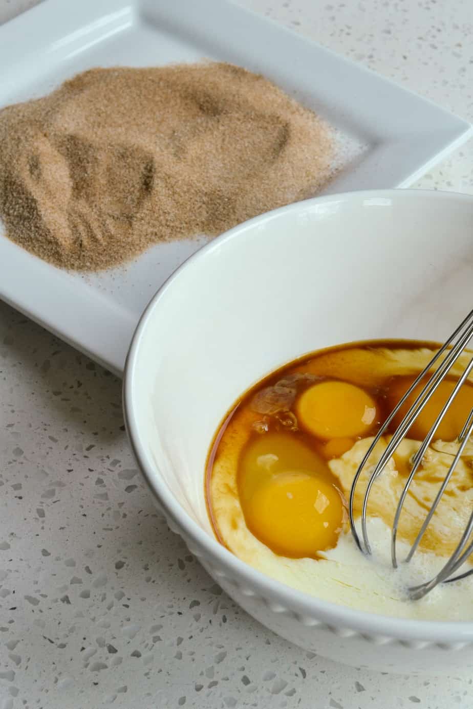 Egg batter and cinnamon sugar for French toast.