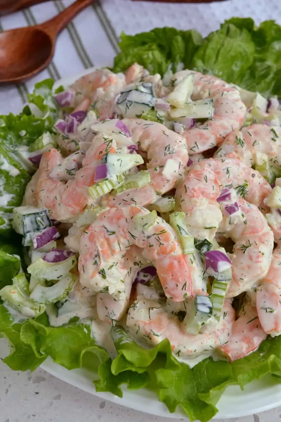 Shrimp Salad piled on leaf lettuce