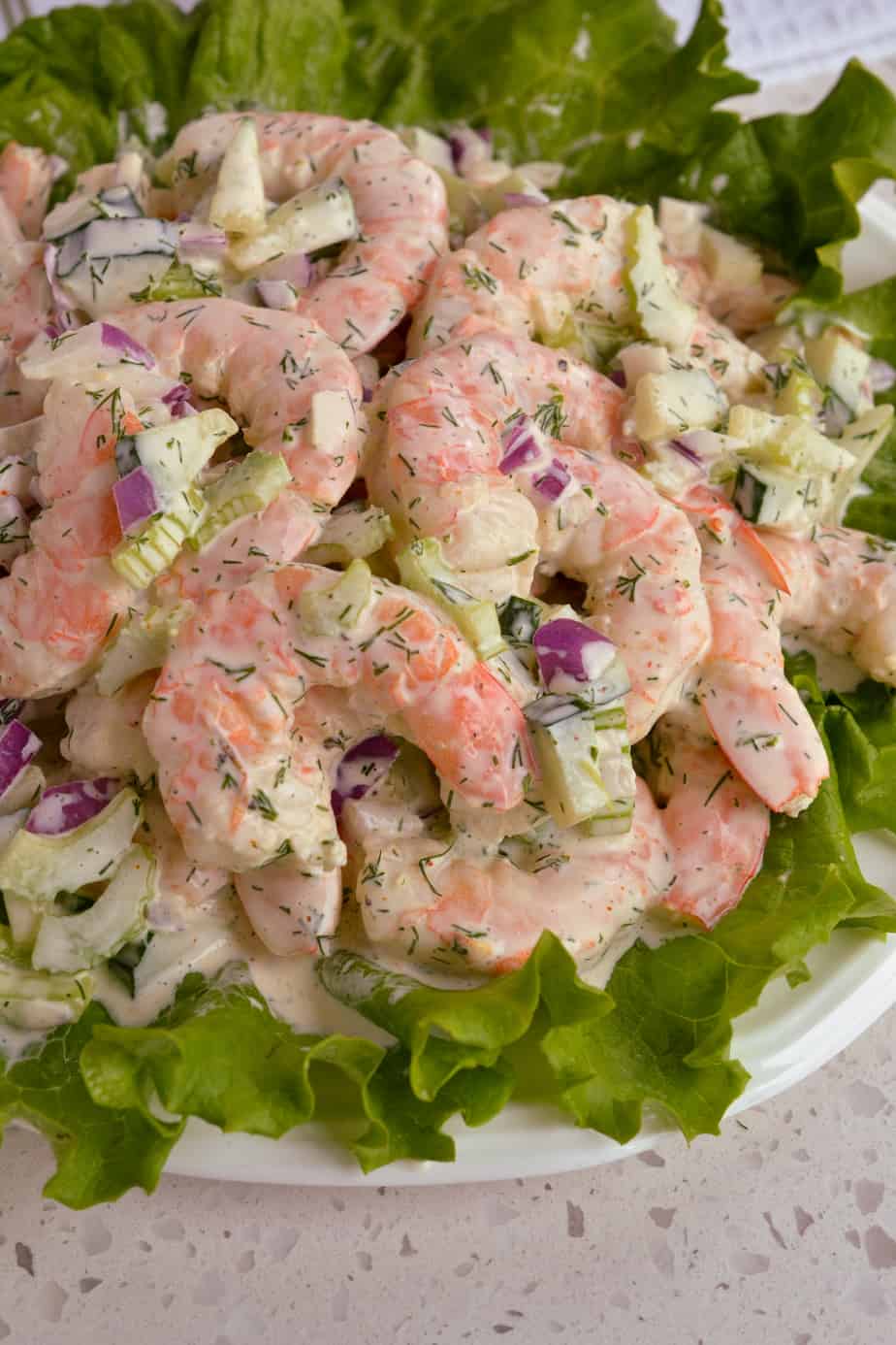 A healthy helping of shrimp salad on a bed of leaf lettuce. 