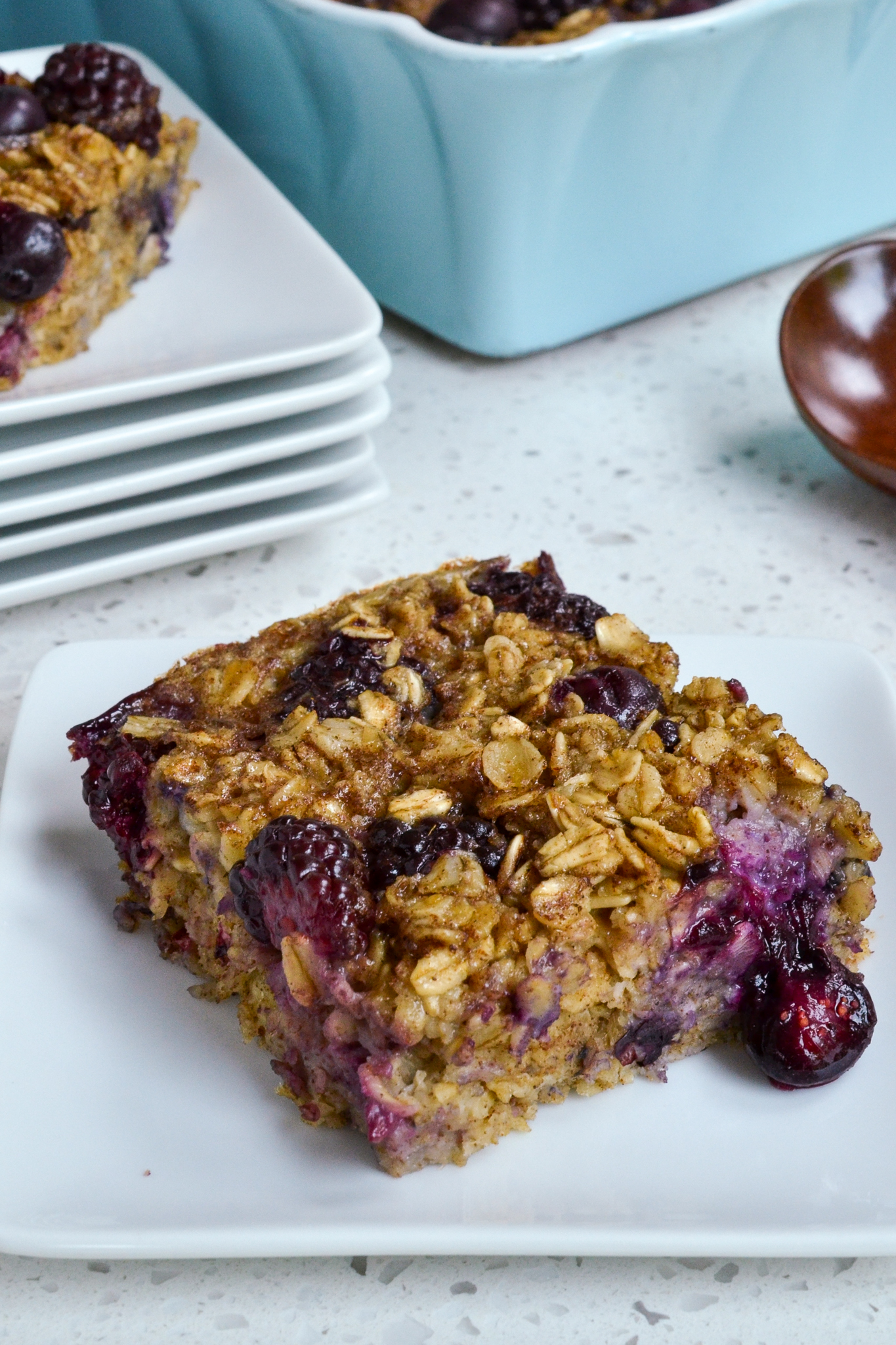 Baked oatmeal with blueberries and blackberries