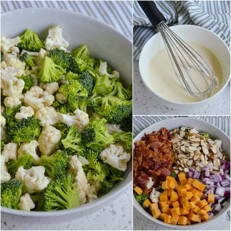 There are several steps to making Broccoli and Cauliflower Salad