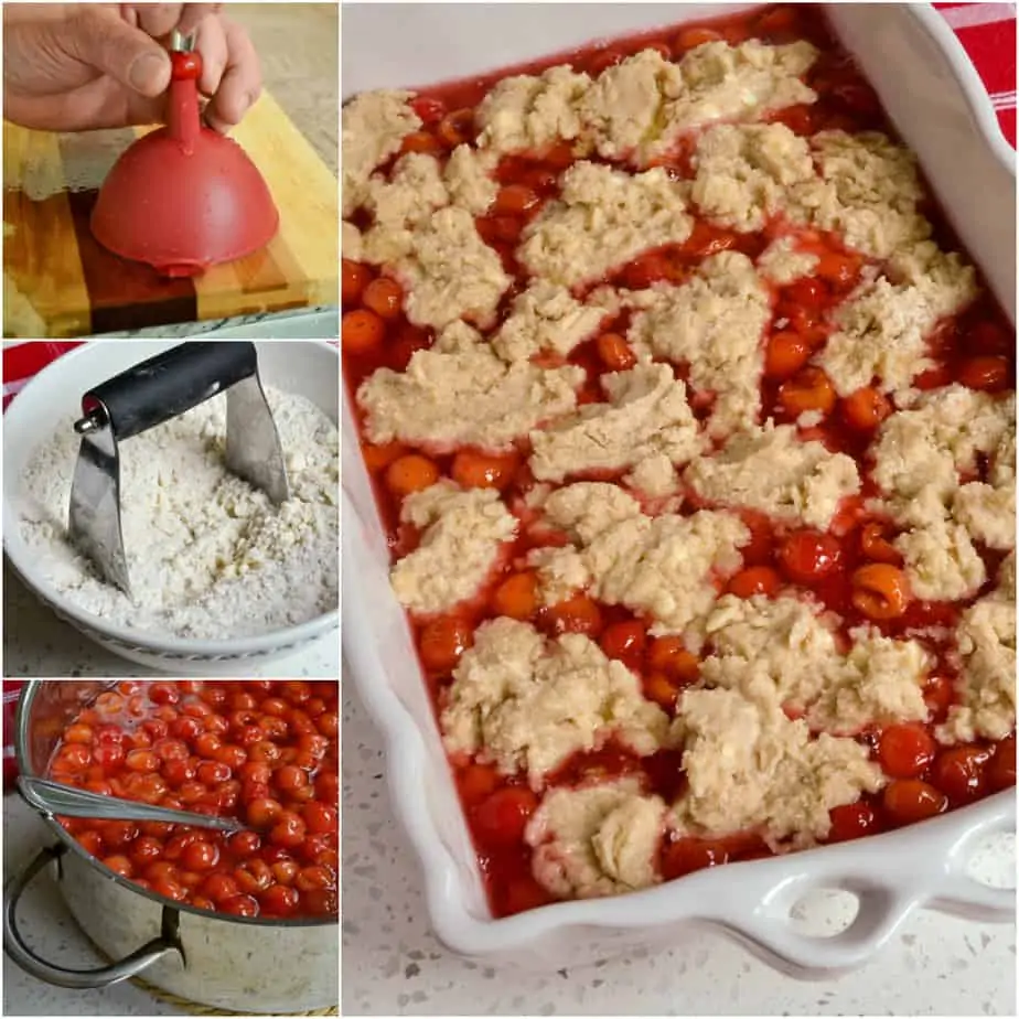 There are several steps to making homemade cherry cobbler. 