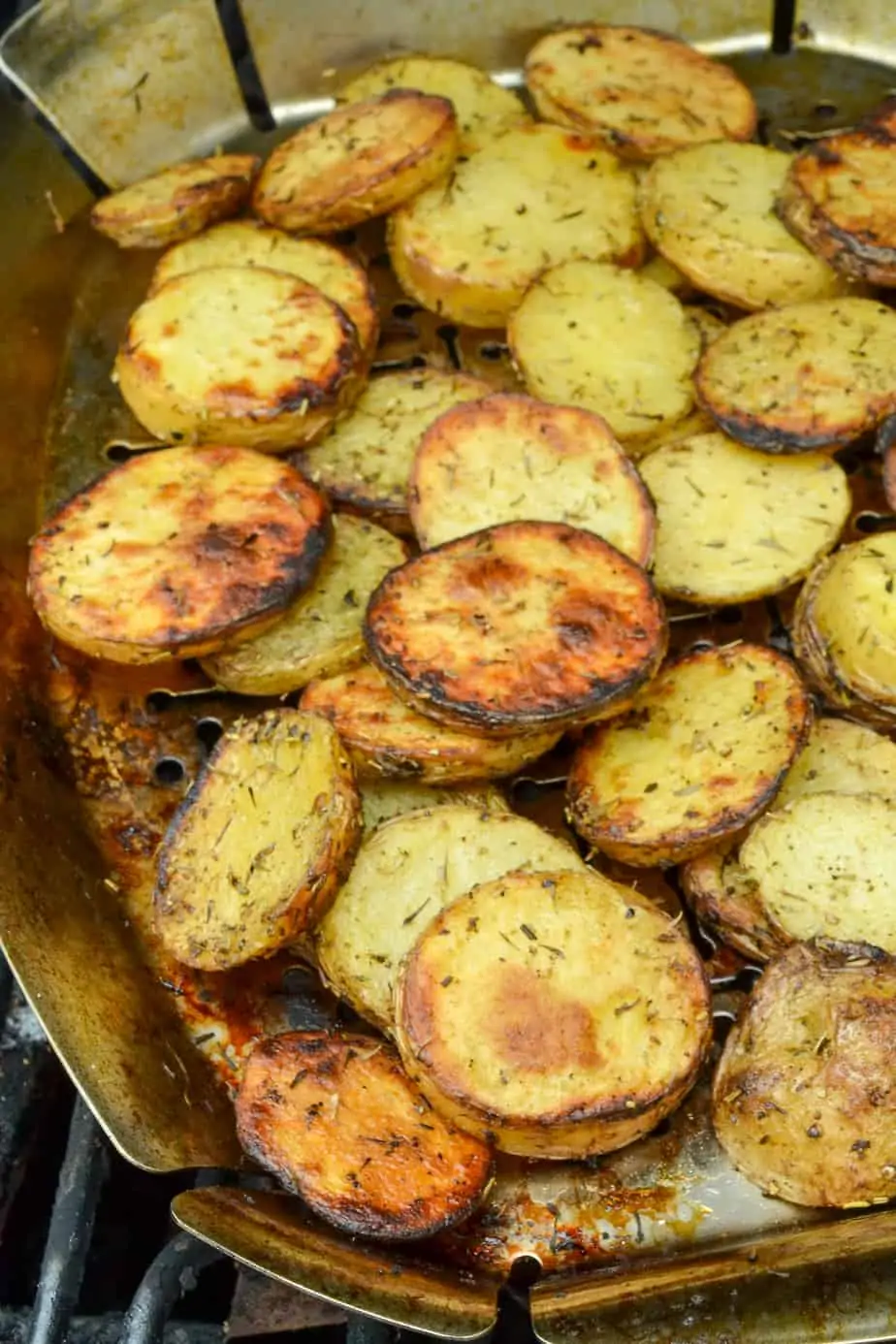 Just a little toss in some vegetable oil and the spices and then into a grilled basket or aluminum foil for cooking right on the hot grill.  